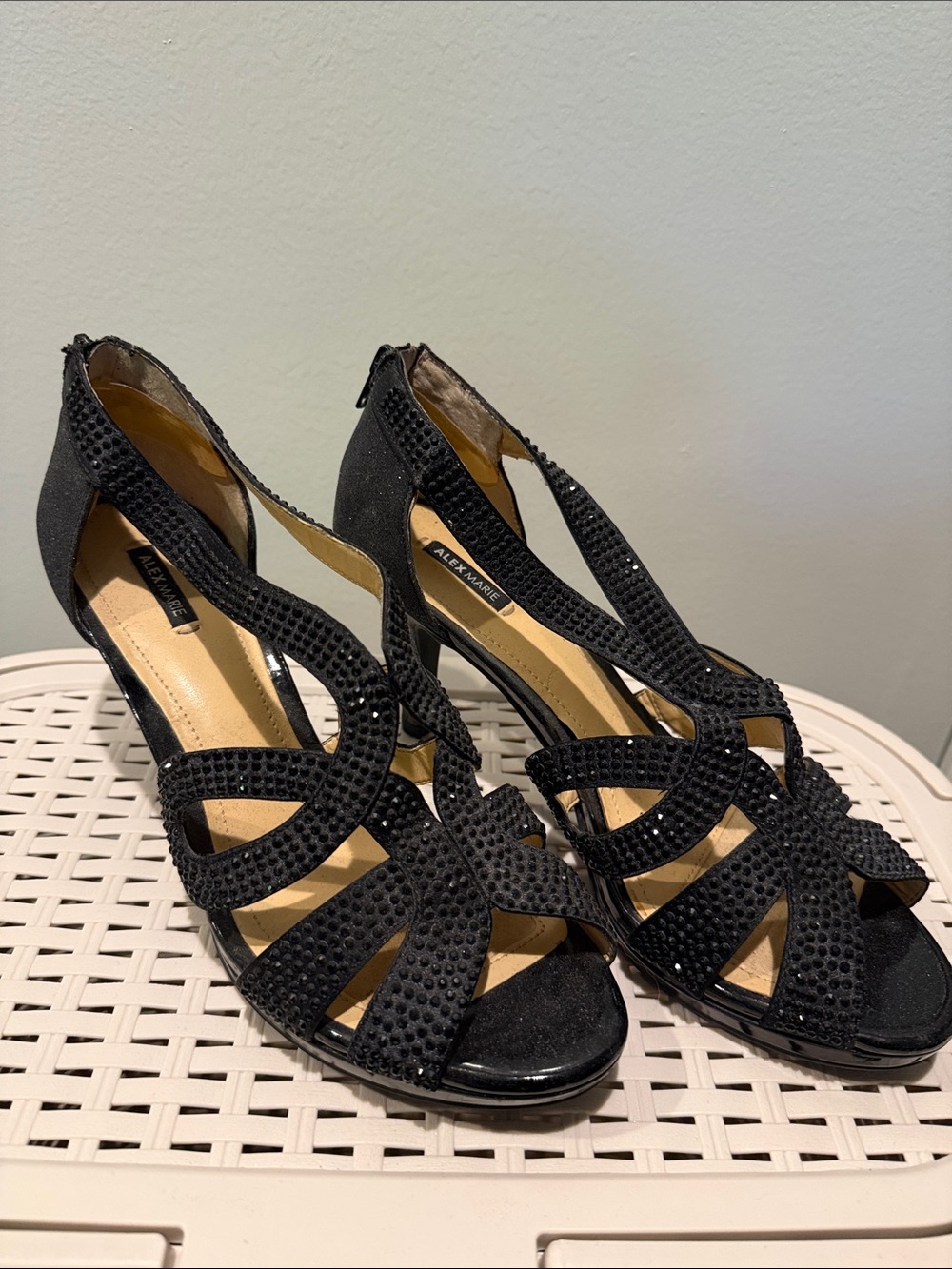 Alex Marie Black Rhinestone Strappy High Heel Sandals